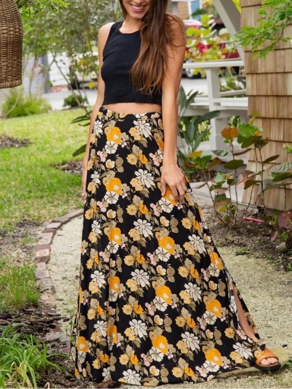 Natural Life Ginger SideSlit Maxi Skirt Black Marigold Floral Boho Cottagecore S
